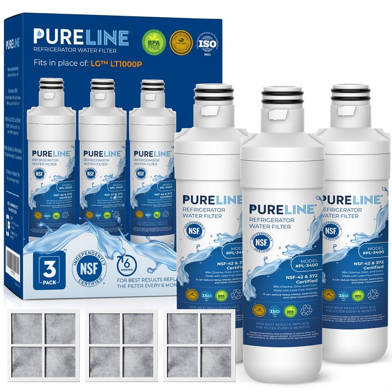 Pureline فلتر مياه ثلاجة Pureline LT1000PC بديل لـ LG LT1000P، ADQ747935، MDJ64844601، Kenmore 46-9980 وفلتر الهواء LT120F (عبوة 3)  - Image 1
